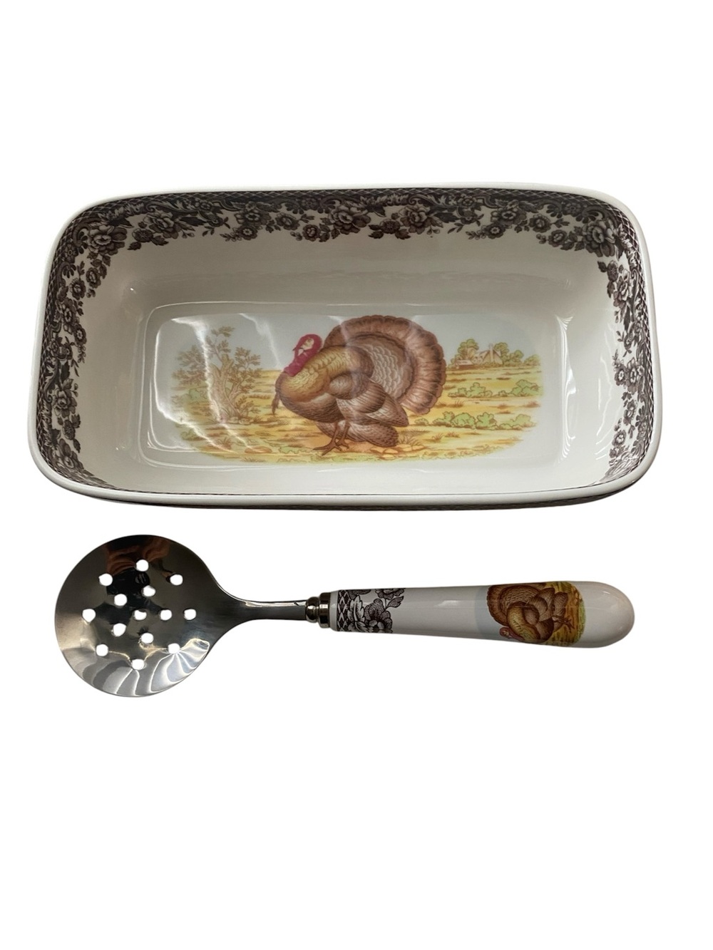 Spode Brown and Cream Turkey Serving Dish with Matching Slotted Spoon